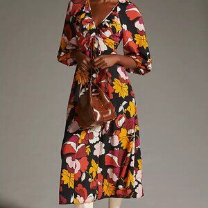 MAEVE ANTHROPOLOGIE | Deep-V Ruched Bust Fall Floral Midi Dress Puff Sleeves 10